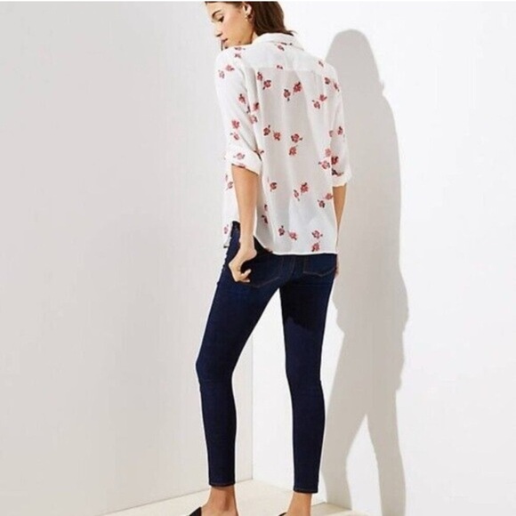 Loft White Floral Utility Button Down Blouse with Roll Tab Sleeves - Picture 7 of 7